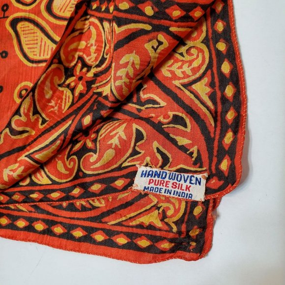 Vintage Silk Scarf, Indian Block Print Scarf, Hand Woven, India, Red Orange - Picture 4 of 5